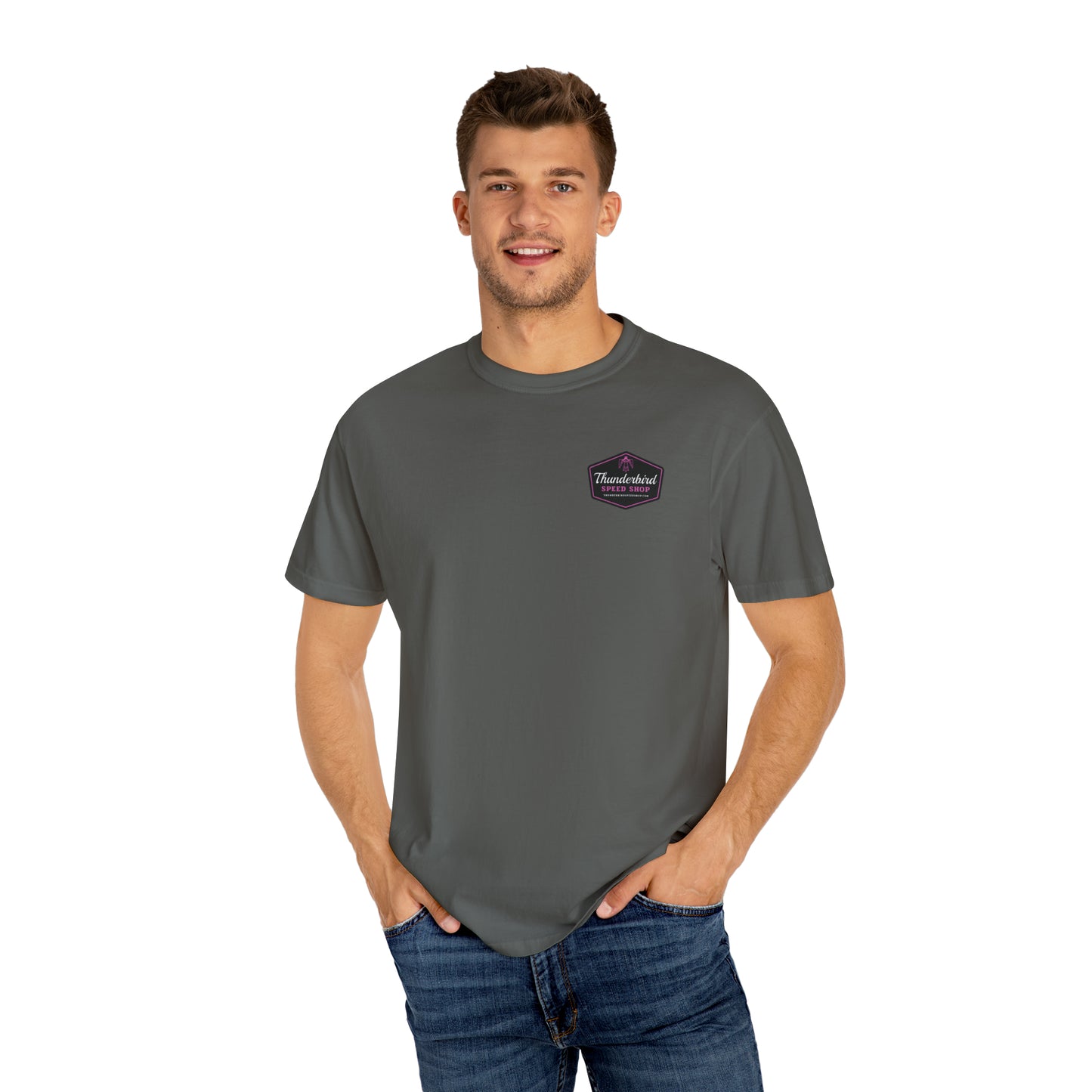 Purple Unisex Garment-Dyed T-shirt Front/Back Logo  Thunderbird Speed Shop