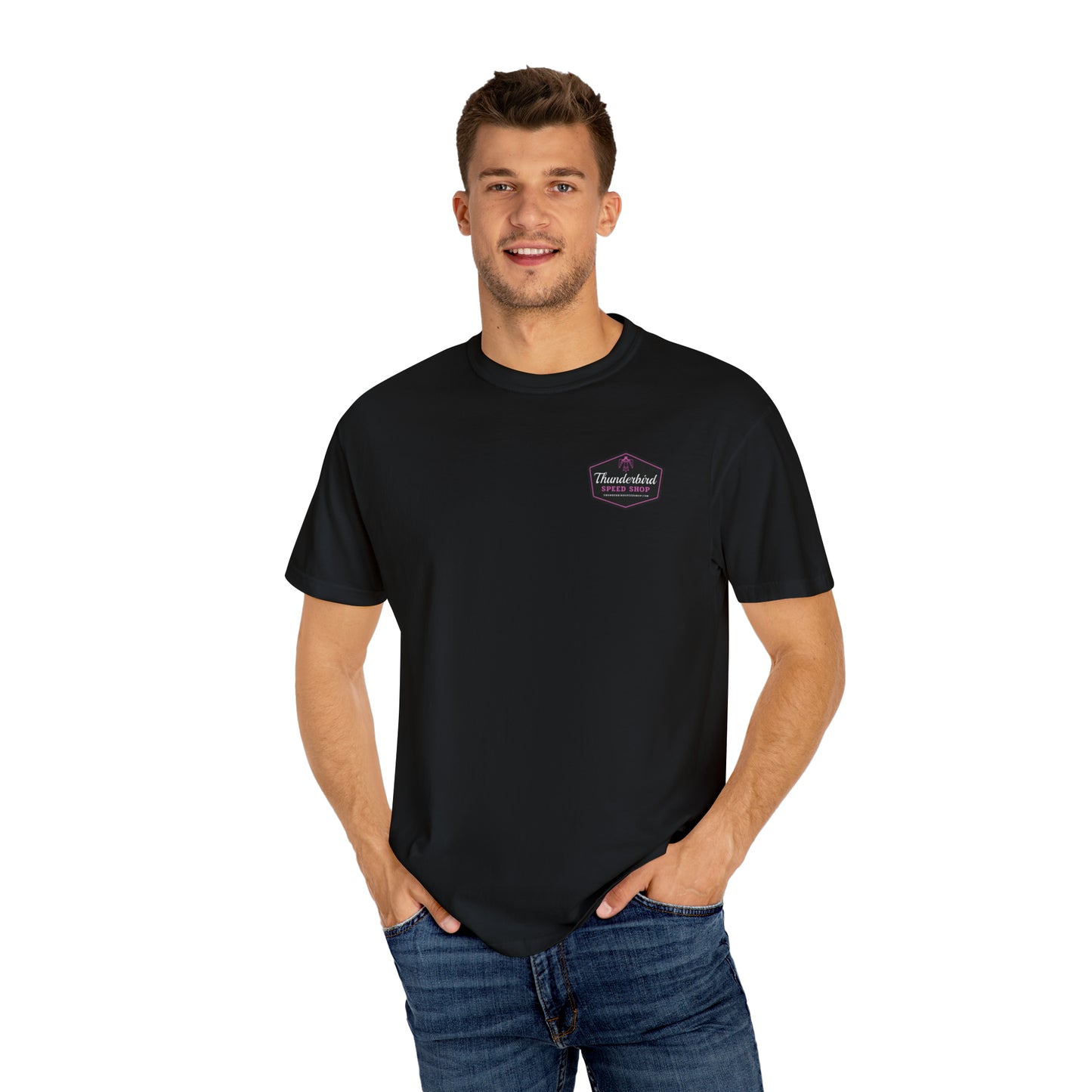 Purple Unisex Garment-Dyed T-shirt Front/Back Logo  Thunderbird Speed Shop