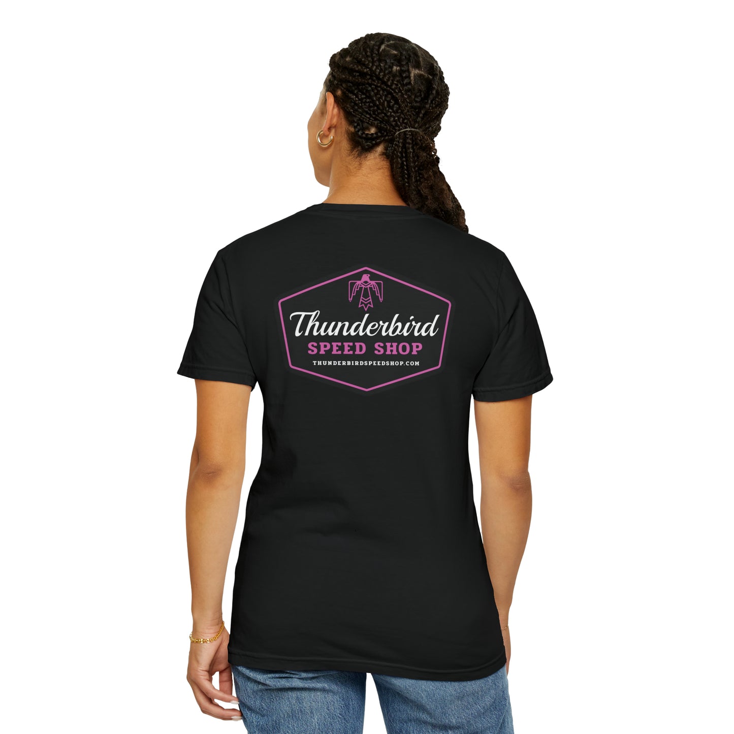 Purple Unisex Garment-Dyed T-shirt Front/Back Logo  Thunderbird Speed Shop