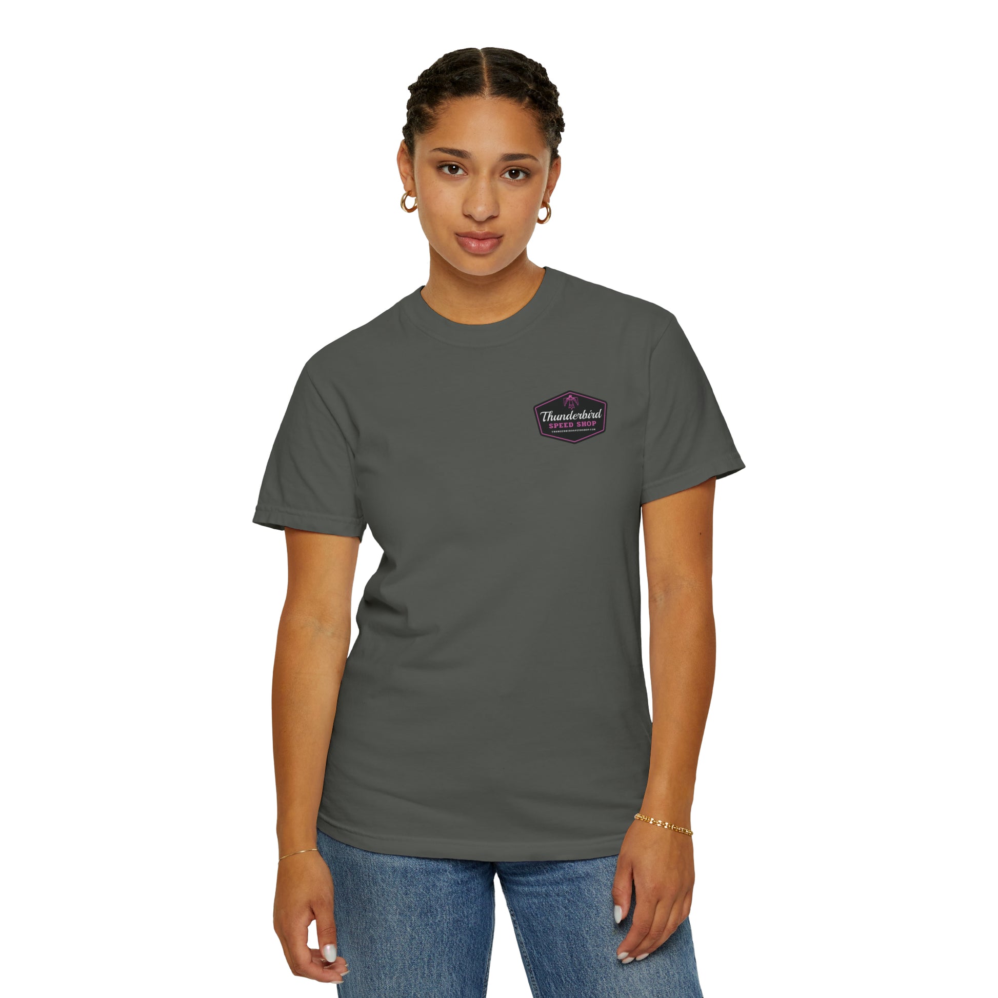 Purple Unisex Garment-Dyed T-shirt Front/Back Logo  Thunderbird Speed Shop