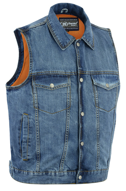 DM979BU Snap/Zipper Front Denim Vest- Blue  Thunderbird Speed Shop