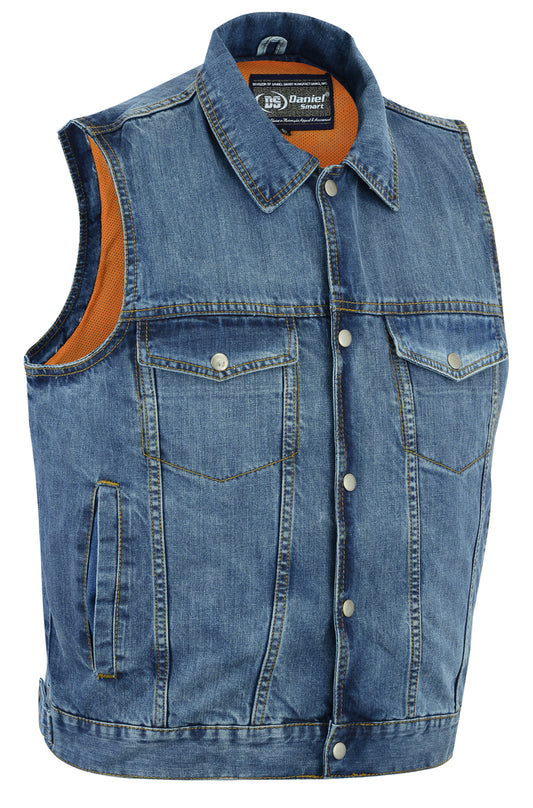 DM979BU Snap/Zipper Front Denim Vest- Blue  Thunderbird Speed Shop