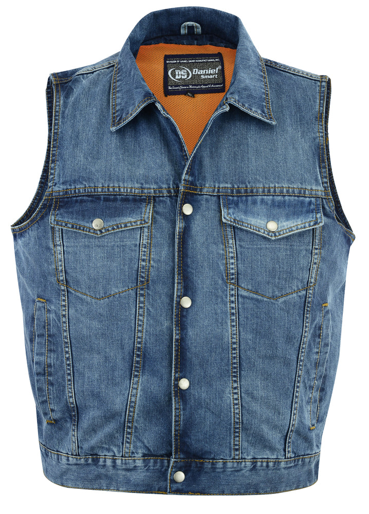 DM979BU Snap/Zipper Front Denim Vest- Blue  Thunderbird Speed Shop