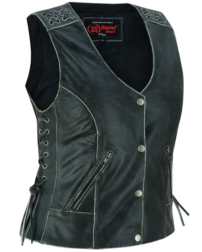 DS285V Women's Gray Vest with Grommet and Lacing Accents  Thunderbird Speed Shop