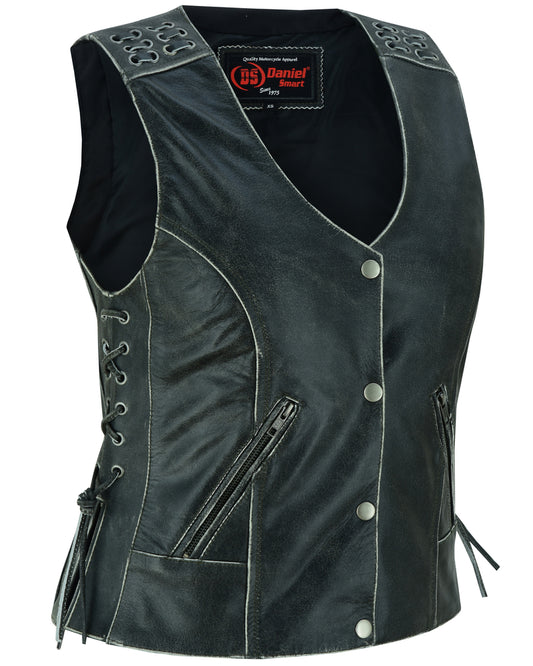 DS285V Women's Gray Vest with Grommet and Lacing Accents  Thunderbird Speed Shop