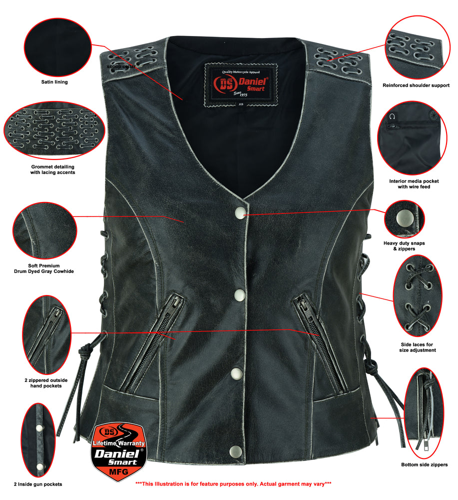 DS285V Women's Gray Vest with Grommet and Lacing Accents  Thunderbird Speed Shop