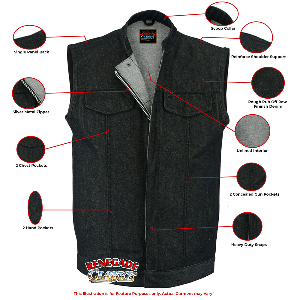 RC977 Men's Rough Rub-Off Raw Finish Denim Vest  Thunderbird Speed Shop