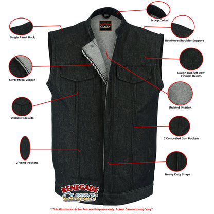 RC977 Men's Rough Rub-Off Raw Finish Denim Vest  Thunderbird Speed Shop