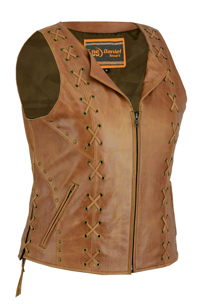 DS236 Women's Brown Zippered Vest with Lacing Details  Thunderbird Speed Shop