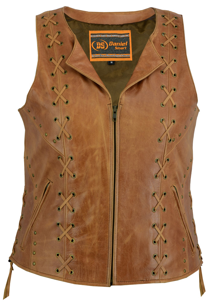 DS236 Women's Brown Zippered Vest with Lacing Details  Thunderbird Speed Shop