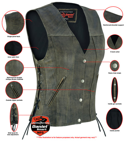 DS207 Women's Antique Brown Single Back Panel Concealed Carry Vest  Thunderbird Speed Shop