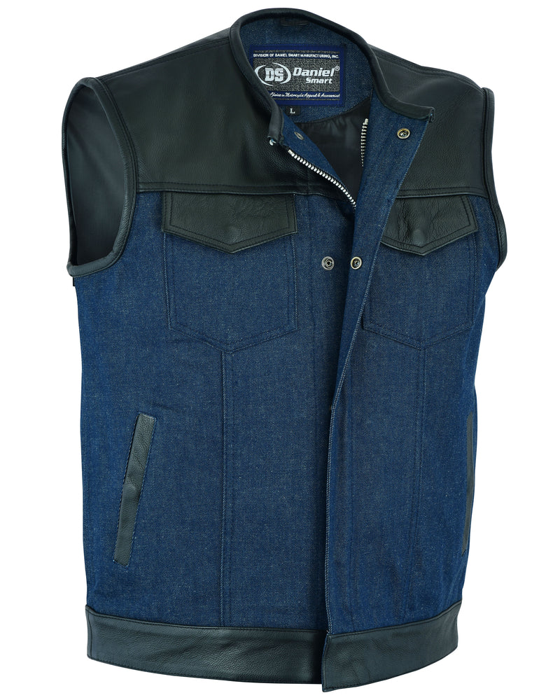 DM933 Men's Leather/Denim Combo Vest (Black/Broken Blue)  Thunderbird Speed Shop