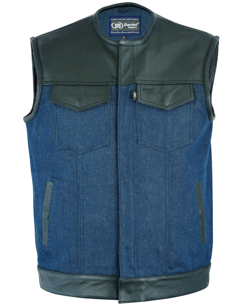 DM933 Men's Leather/Denim Combo Vest (Black/Broken Blue)  Thunderbird Speed Shop