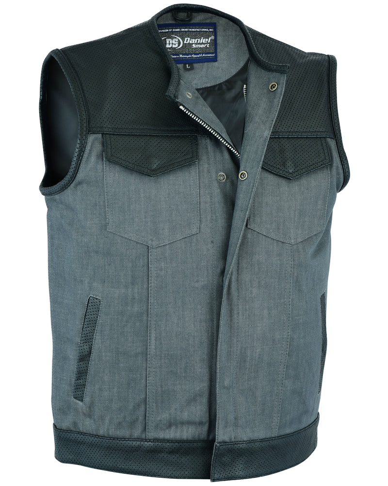 DM934 Men's Perforated Leather/Denim Combo Vest (Black/ Ash Gray)  Thunderbird Speed Shop