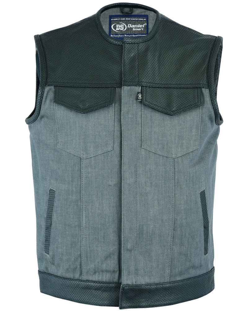 DM934 Men's Perforated Leather/Denim Combo Vest (Black/ Ash Gray)  Thunderbird Speed Shop