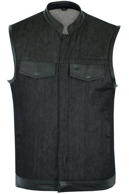 DM962 Men's Rough Rub-Off Raw Finish Denim Vest W/Leather Trim - Scoo  Thunderbird Speed Shop