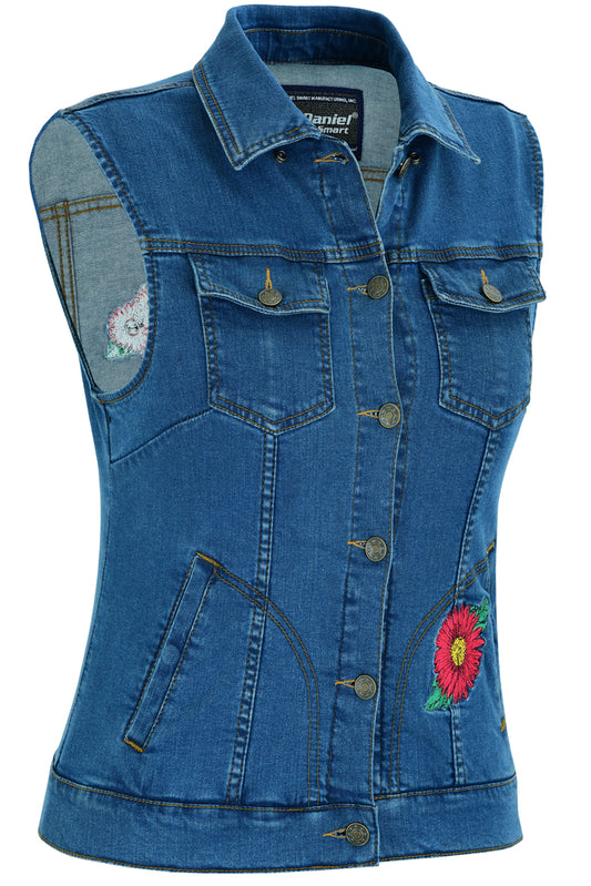 DM944 Women's Blue Denim Snap Front Vest with Red Daisy  Thunderbird Speed Shop