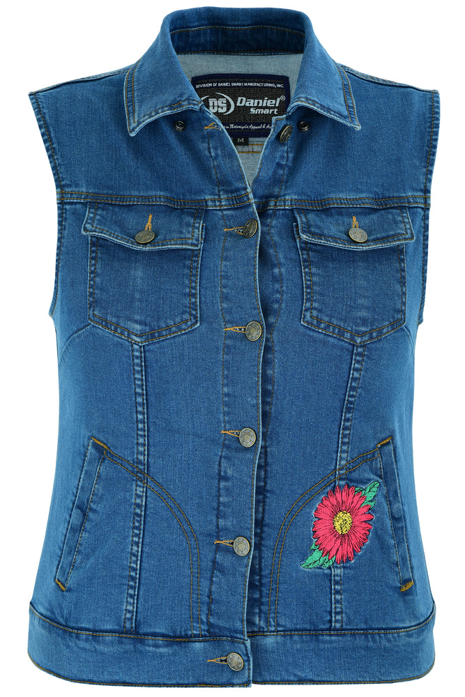 DM944 Women's Blue Denim Snap Front Vest with Red Daisy  Thunderbird Speed Shop