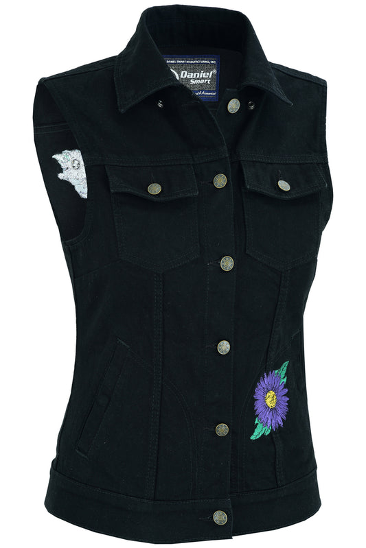 DM945 Women's Black Denim Snap Front Vest with Purple Daisy  Thunderbird Speed Shop