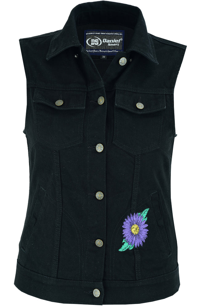 DM945 Women's Black Denim Snap Front Vest with Purple Daisy  Thunderbird Speed Shop