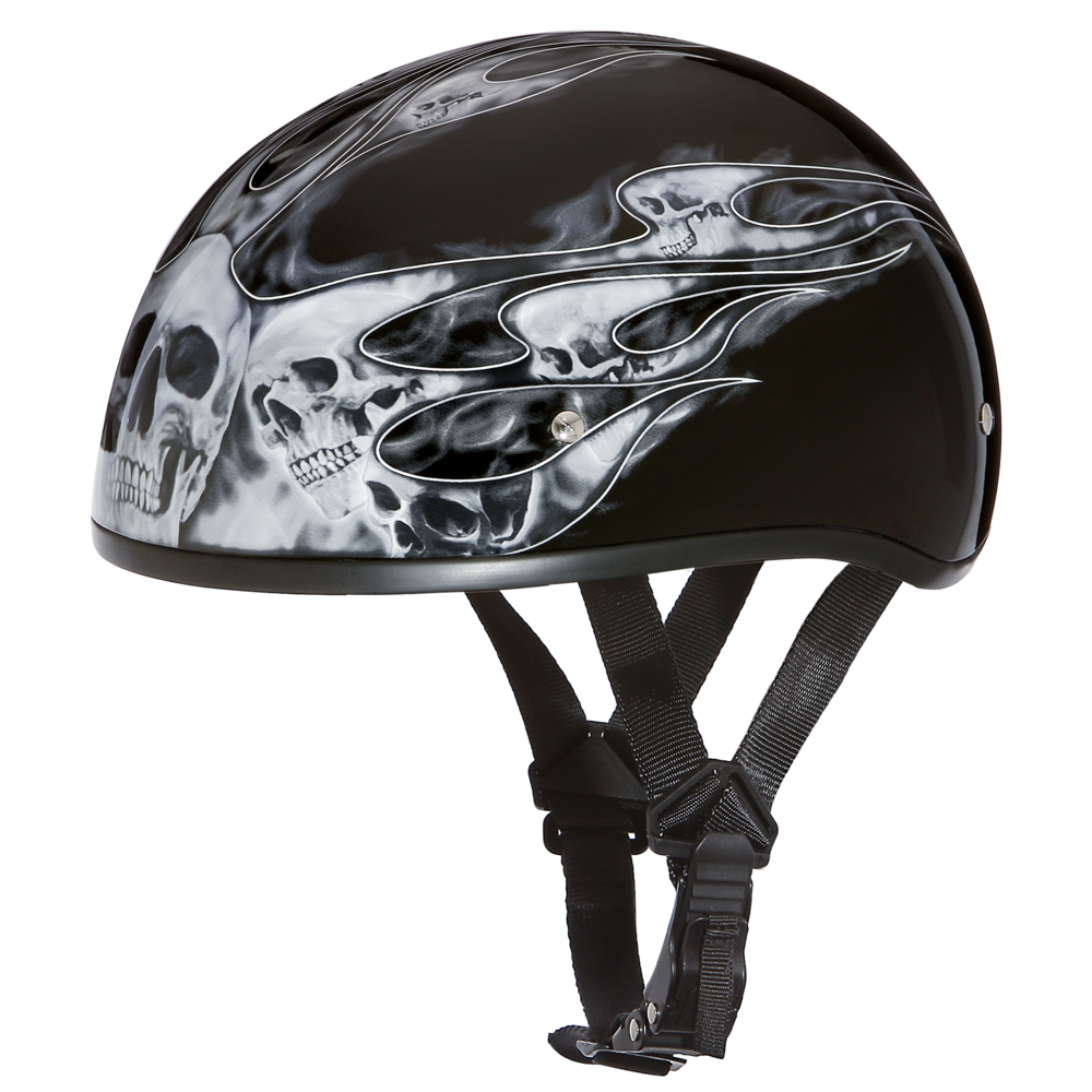 D6-SFS D.O.T. DAYTONA SKULL CAP - W/ SKULL FLAMES SILVER  Thunderbird Speed Shop