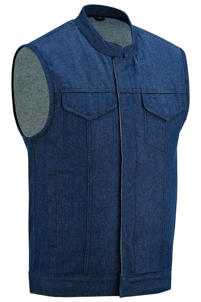 DM976 Men's Blue Rough Rub-Off Raw Finish Denim Vest  Thunderbird Speed Shop