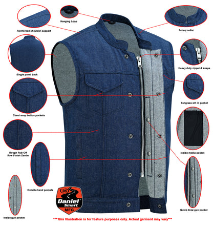 DM976 Men's Blue Rough Rub-Off Raw Finish Denim Vest  Thunderbird Speed Shop