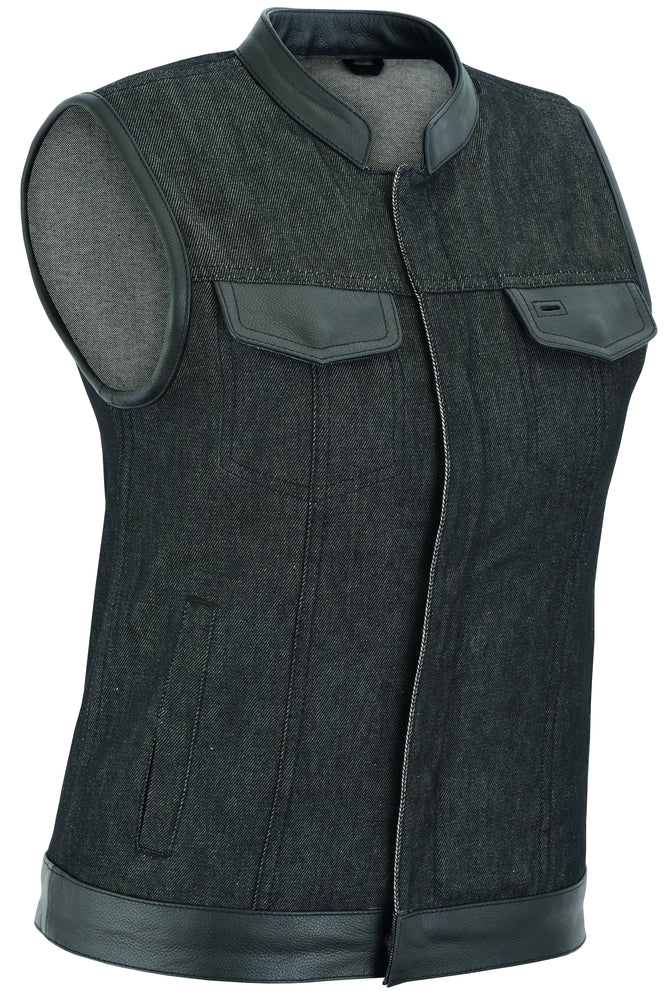 DM963 Women's Rough Rub-Off Raw Finish Denim Vest W/Leather Trim  Thunderbird Speed Shop