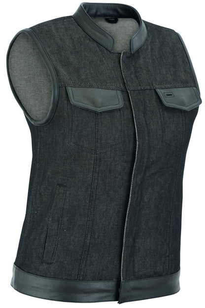 DM963 Women's Rough Rub-Off Raw Finish Denim Vest W/Leather Trim  Thunderbird Speed Shop