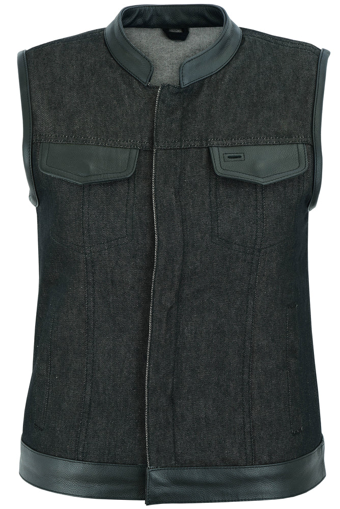 DM963 Women's Rough Rub-Off Raw Finish Denim Vest W/Leather Trim  Thunderbird Speed Shop