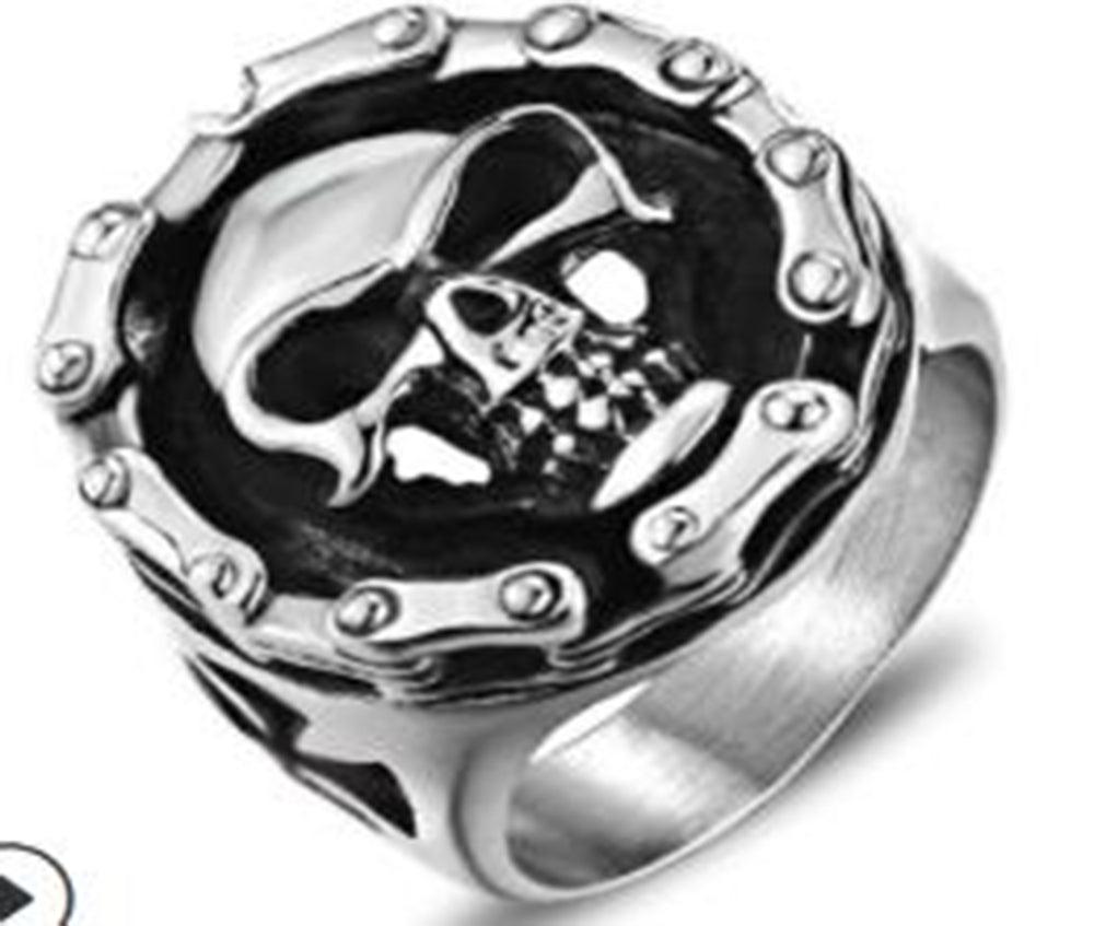 R113 Stainless Steel Biker Chain Skull Face Biker Ring  Thunderbird Speed Shop