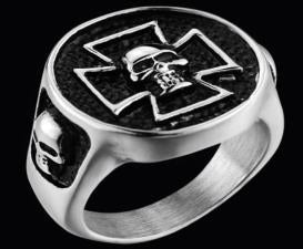 R121 Stainless Steel Iron Cross Skull Biker Ring  Thunderbird Speed Shop