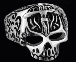 R124 Stainless Steel Jesus Cross Skull Biker Ring  Thunderbird Speed Shop