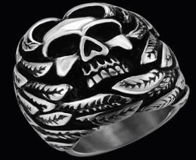 R141 Stainless Steel Feather Face Skull Biker Ring  Thunderbird Speed Shop