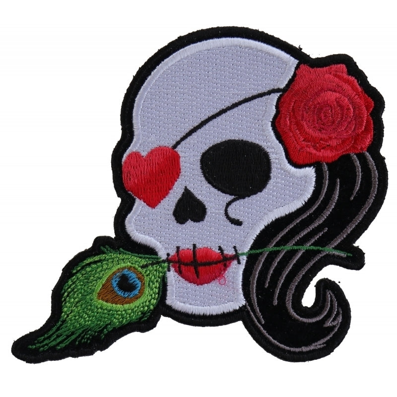 P5145 Lady Sugar Skull With Pink Rose and Feather Small Patch  Thunderbird Speed Shop