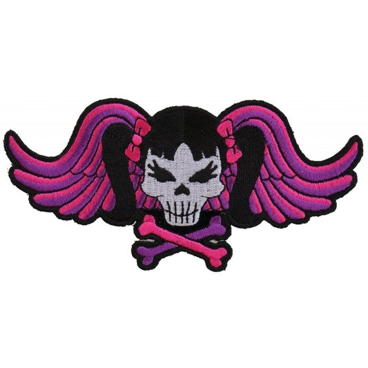 P3419 Pigtails Bow Skull and Wings Small Pink Patch  Thunderbird Speed Shop