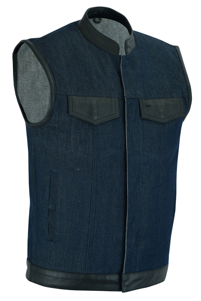 DM961 Men's Broken Blue RoughRub-Off Raw Finish Denim Vest W/Leather  Thunderbird Speed Shop