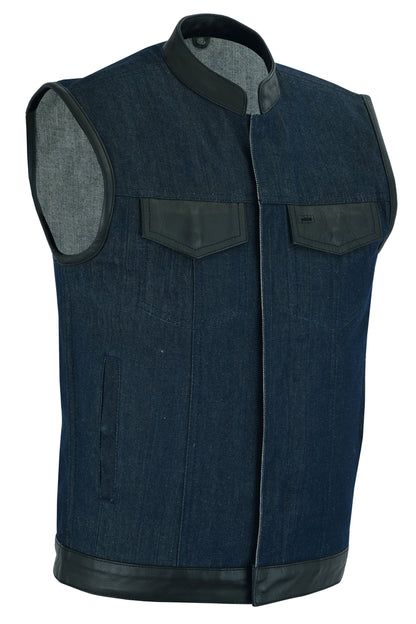 DM961 Men's Broken Blue RoughRub-Off Raw Finish Denim Vest W/Leather  Thunderbird Speed Shop