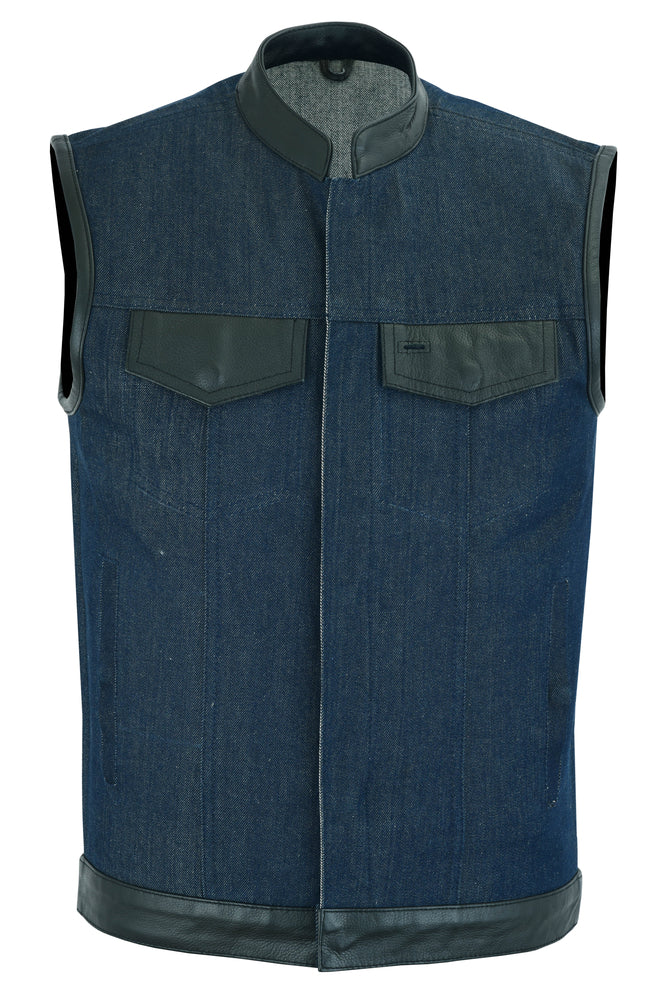 DM961 Men's Broken Blue RoughRub-Off Raw Finish Denim Vest W/Leather  Thunderbird Speed Shop