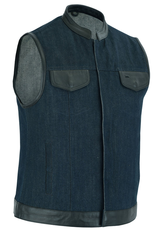 DM964 Women's Broken Blue Rough Rub-Off Raw Finish Denim Vest W/Leath  Thunderbird Speed Shop