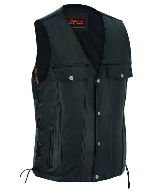 DS124 Men's Black Leather Vest with Side Laces and Gun Pockets  Thunderbird Speed Shop