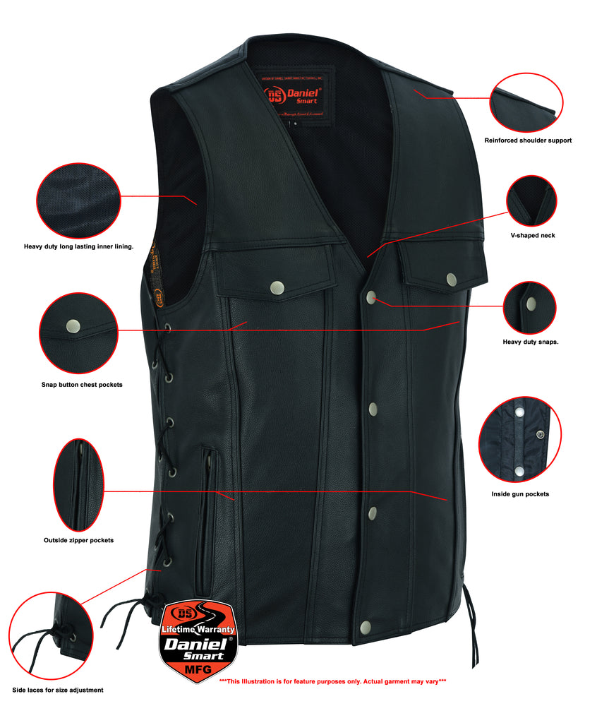 DS124 Men's Black Leather Vest with Side Laces and Gun Pockets  Thunderbird Speed Shop