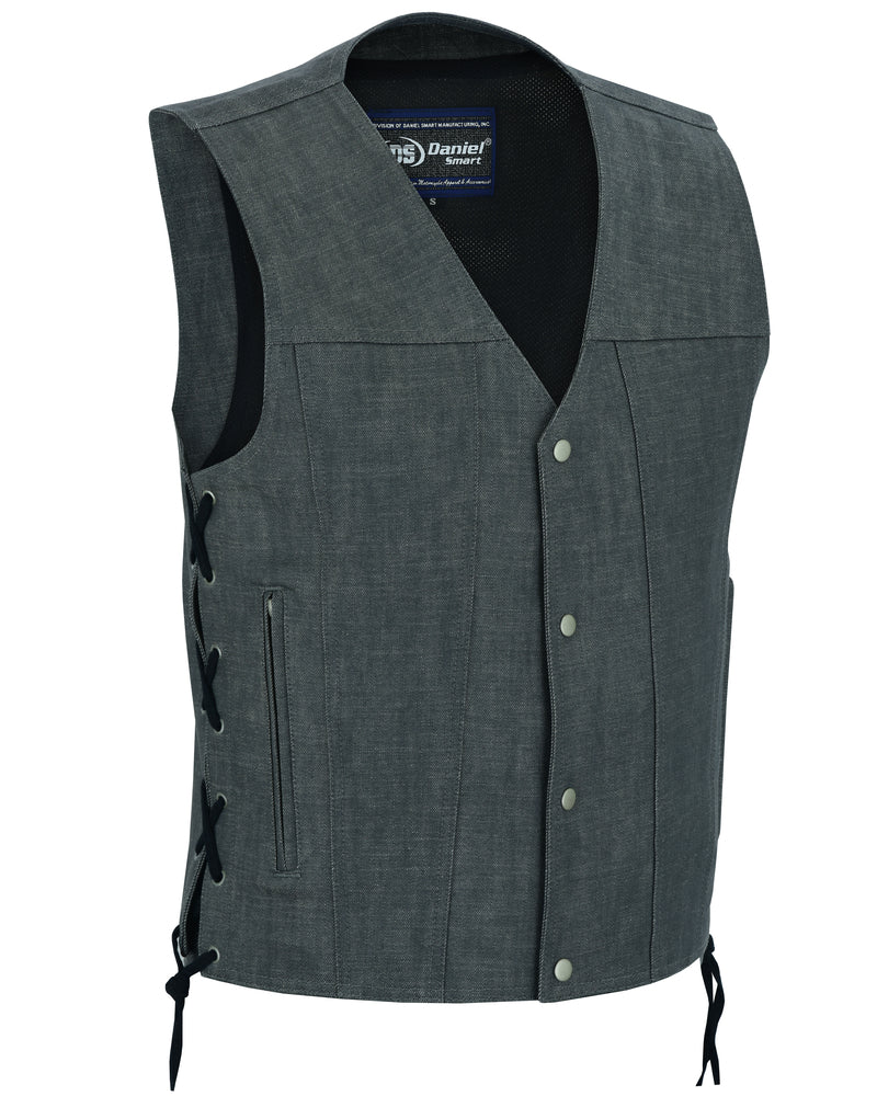 DM918 Men's Rough Rub-Off Raw Finish Broken Gray Denim Vest  Thunderbird Speed Shop