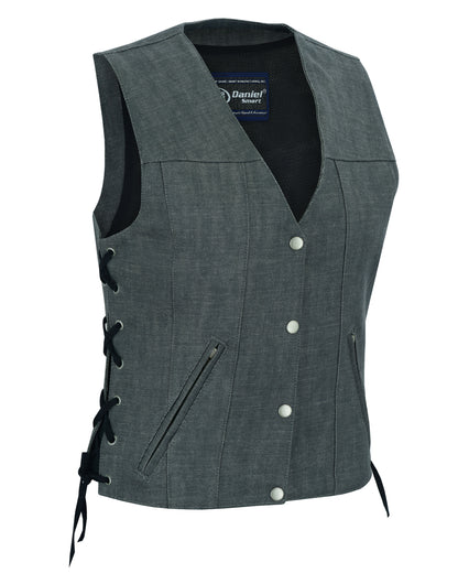 DM919 Women's Rough Rub-Off Raw Finish Broken Gray Denim Vest  Thunderbird Speed Shop