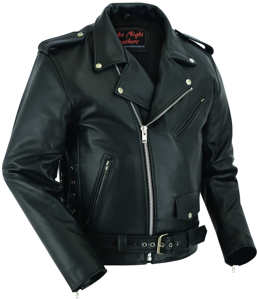 DS711 Economy Motorcycle Classic Biker Leather Jacket - Side Laces  Thunderbird Speed Shop