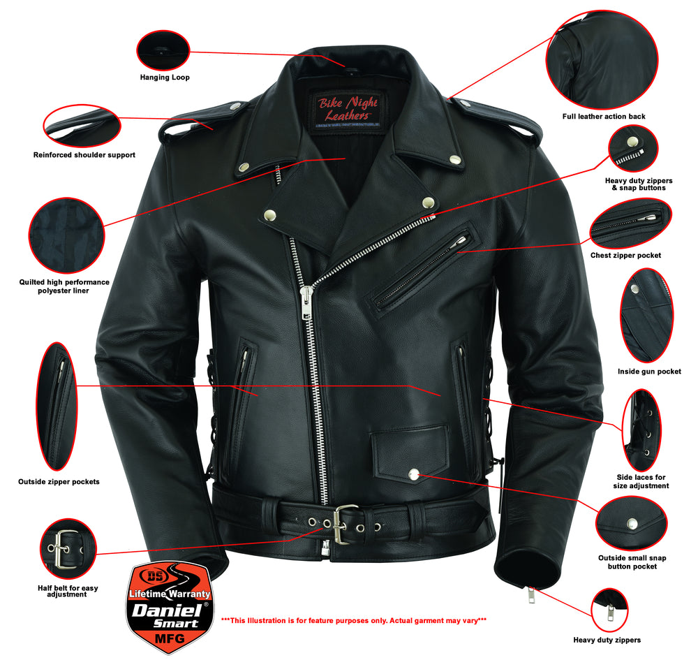 DS711 Economy Motorcycle Classic Biker Leather Jacket - Side Laces  Thunderbird Speed Shop