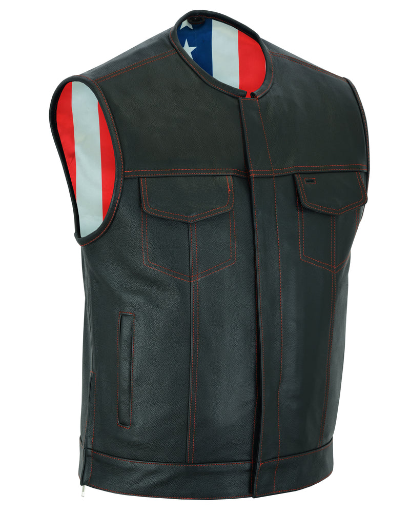 DS155 Men's Leather Vest with Red Stitching and USA Inside Flag Linin  Thunderbird Speed Shop