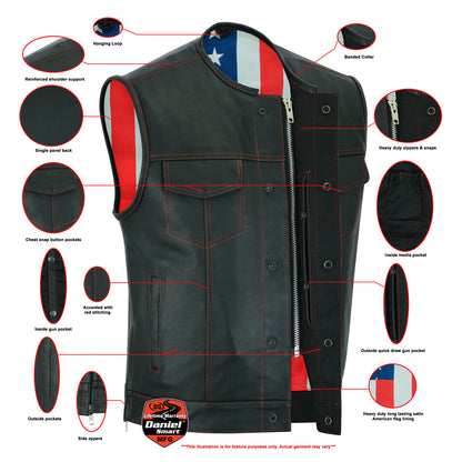 DS155 Men's Leather Vest with Red Stitching and USA Inside Flag Linin  Thunderbird Speed Shop