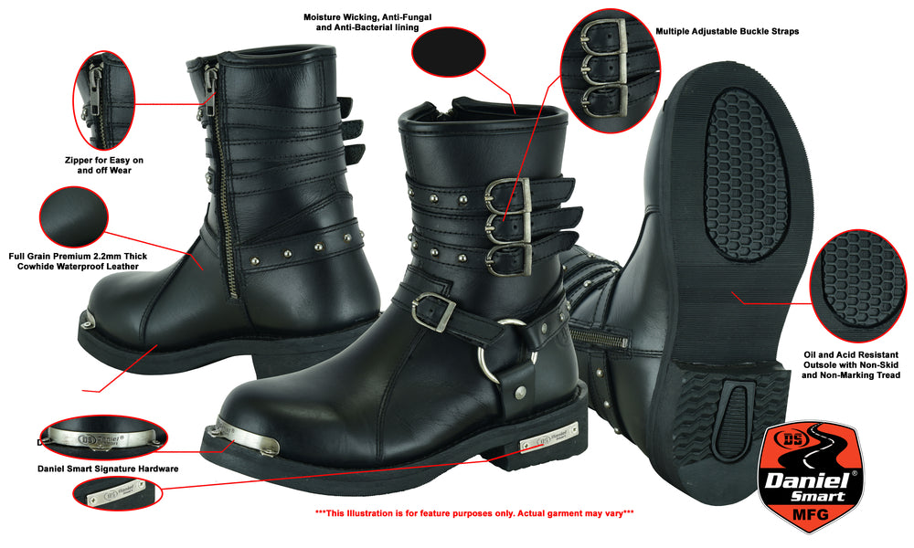 DS9767 Women's 9 Inch Black Triple Buckle Leather Harness Boot  Thunderbird Speed Shop