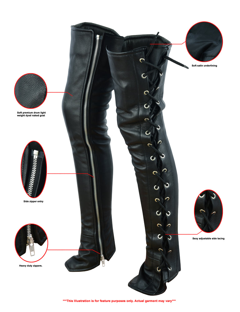 DS422 Women's Black Thigh High Leather Side Lace Leggings  Thunderbird Speed Shop